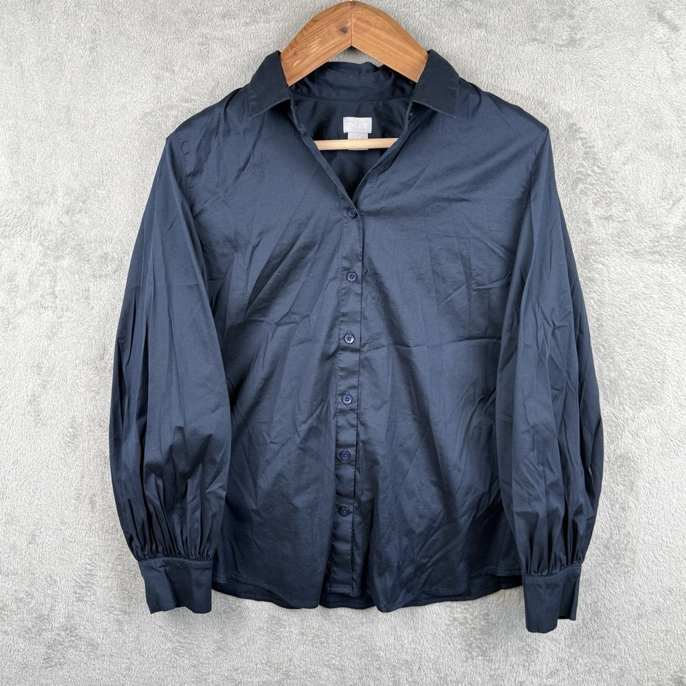 Chicos Dress Shirt Women 14 Navy Blue L/S Button Up Collar Balloon Sleeve Office